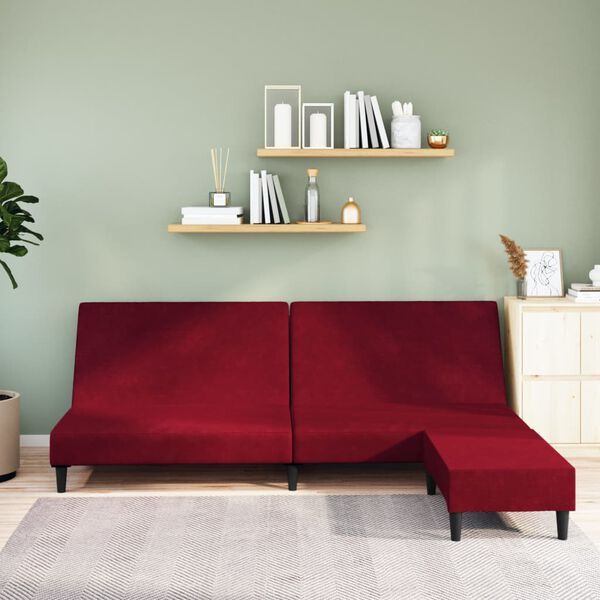 vidaXL B&auml;ddsoffa 2-sits med fotpall vinr&ouml;d sammet
