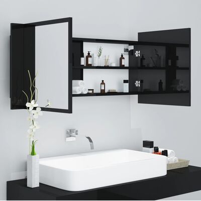 vidaXL Spegelskåp för badrum LED svart högglans 100x12x45 cm akryl