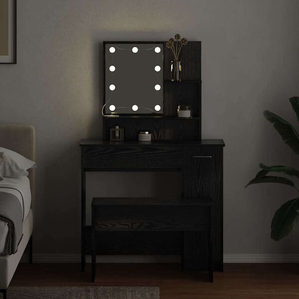 vidaXL LED Sminkbord Set med l&aring;da 2 pcs Svart Ek Konstruerat tr&auml;