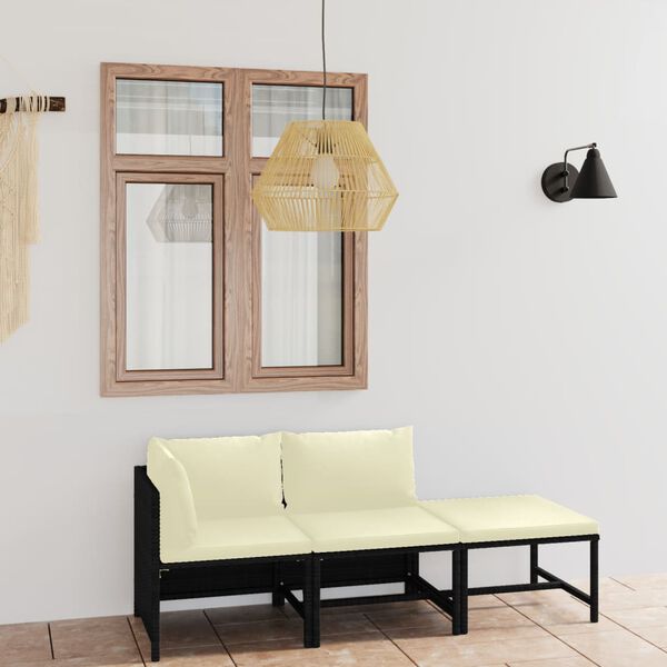 vidaXL Loungegrupp f&ouml;r tr&auml;dg&aring;rden med dynor 3 delar konstrotting svart