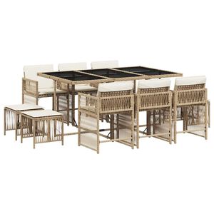vidaXL Matgrupp f&ouml;r tr&auml;dg&aring;rden med dynor 11 delar beige konstrotting