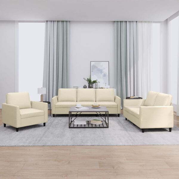 vidaXL Soffgrupp med dynor 3 delar gr&auml;ddvit konstl&auml;der