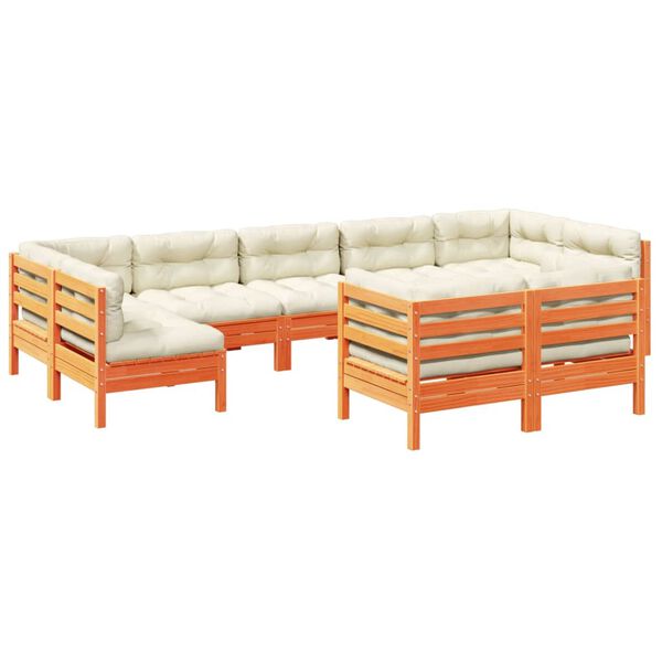 vidaXL Soffgrupp f&ouml;r tr&auml;dg&aring;rden med dynor 9 delar vaxbrun massiv furu