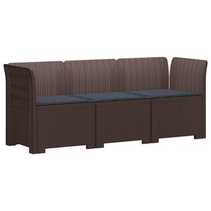 vidaXL 3-sits tr&auml;dg&aring;rdsoffa med kuddar Rattan-look PP Brun