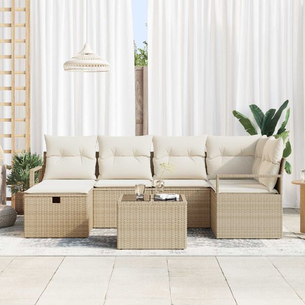 vidaXL Tr&auml;dg&aring;rdsoffset med kudde med lagring 7 pcs Beige Poly rattan