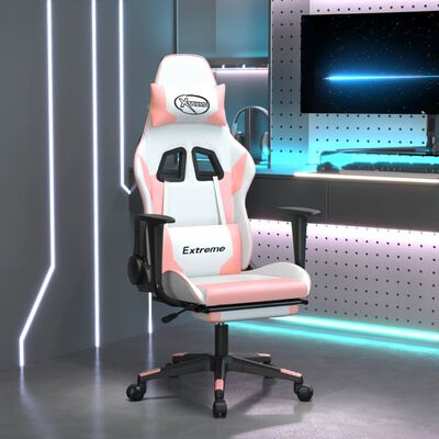 vidaXL Gamingstol med massage och fotstöd vit och rosa konstläder