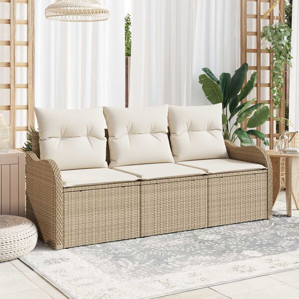 vidaXL Trädgårdsoffset med kudde med lagring 3 pcs Beige Poly rattan