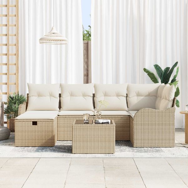 vidaXL Trädgårdsoffset med kudde med lagring 7 pcs Beige Poly rattan