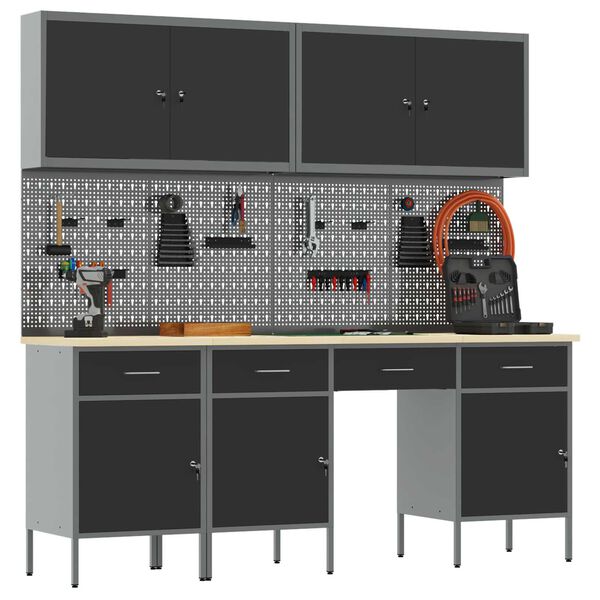 vidaXL Arbetsbänk med låda med lås 10 pcs Svart 200 x 55 x 200 cm Stål