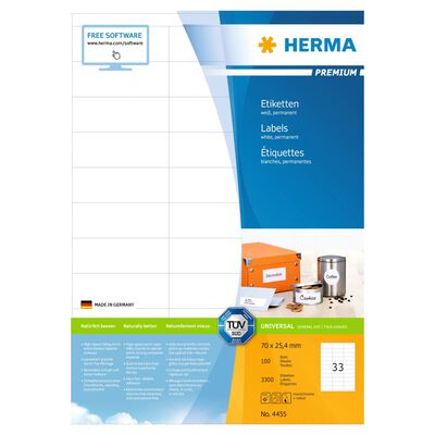 HERMA Permanenta etiketter PREMIUM A4 70x25,4 mm 100 ark