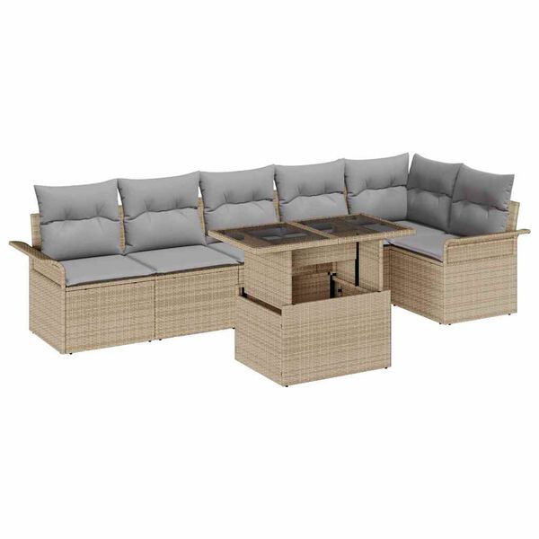 vidaXL Tr&auml;dg&aring;rdsoffset med kudde med lagring 7 pcs Beige Poly rattan