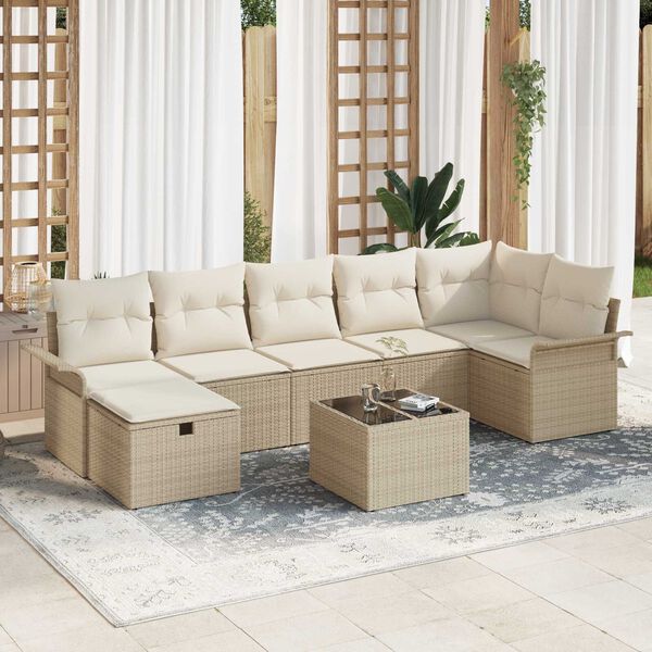 vidaXL Tr&auml;dg&aring;rdsoffset med kudde med lagring 8 pcs Beige Poly rattan