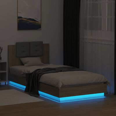 vidaXL Sängram med huvudgavel och LEDs sonoma-ek 90x200 cm