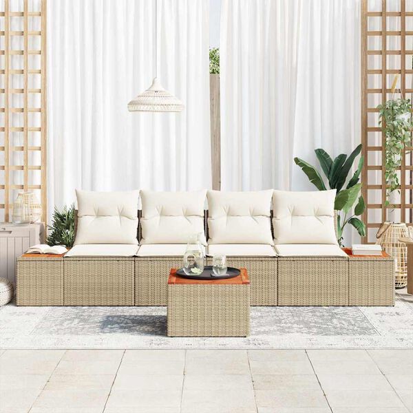 vidaXL Tr&auml;dg&aring;rdsoffset med kudde 5 pcs Beige Poly rattan