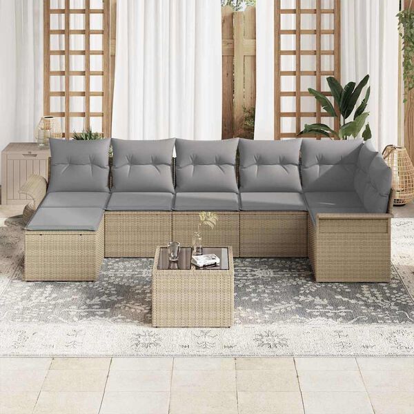 vidaXL Trädgårdsoffset med kudde 8 pcs Beige Poly rattan