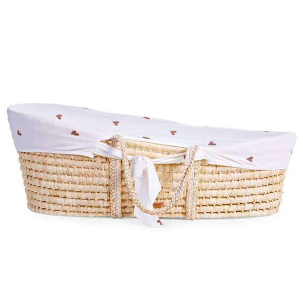 CHILDHOME Moses korg med madrass och &ouml;verdrag natur och hj&auml;rtm&ouml;nster