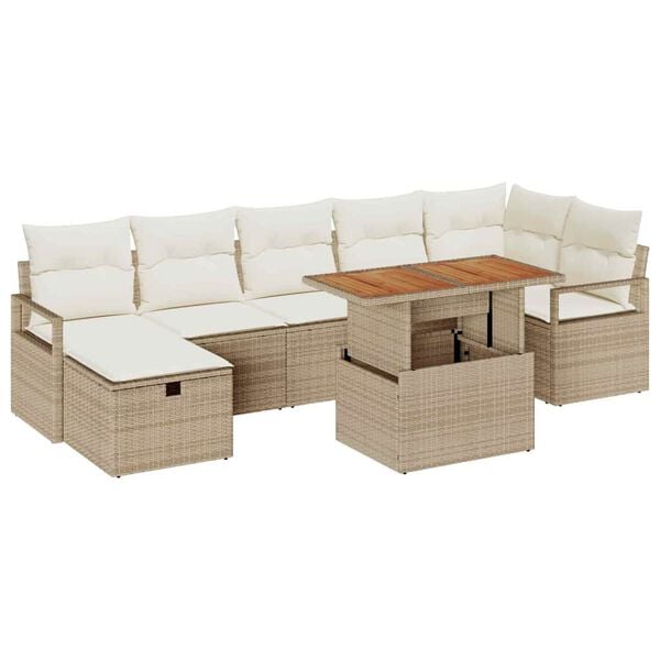 vidaXL Tr&auml;dg&aring;rdsoffset med kudde med lagring 8 pcs Beige Poly rattan