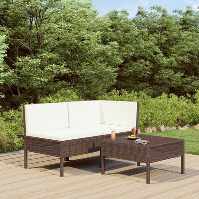 vidaXL Loungegrupp för trädgården med dynor 3 delar konstrotting brun