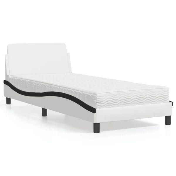 vidaXL Bed with Mattress "Dover" White and Black 90x200 cm Faux Leather