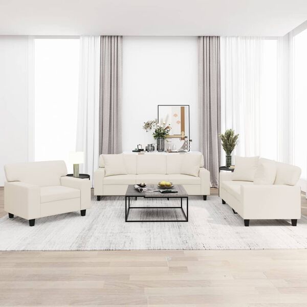 vidaXL Soffgrupp med kuddar&dynor 3 delar gr&auml;ddvit konstl&auml;der