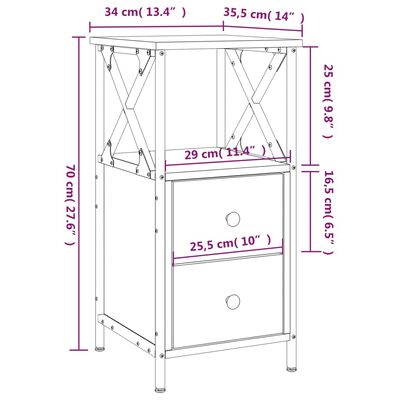 vidaXL Sängbord rökfärgad ek 34x35,5x70 cm konstruerat trä