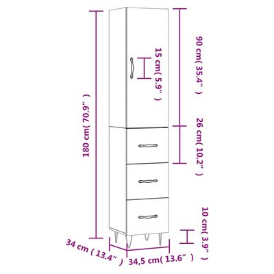 vidaXL Högskåp vit högglans 34,5x34x180 cm konstruerat trä