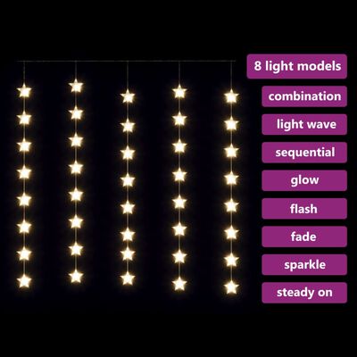 vidaXL Ljusgardin med stjärnor 200 lysdioder varmvit 8 funktioner