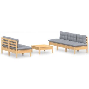 vidaXL Loungegrupp med gr&aring; dynor 6 delar massiv furu