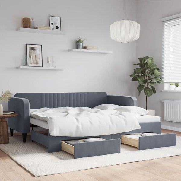 vidaXL Dagb&auml;dd utdragbar med l&aring;dor m&ouml;rkgr&aring; 90x200 cm sammet