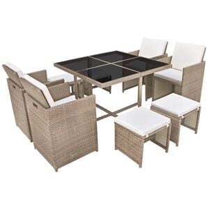 vidaXL Matgrupp f&ouml;r tr&auml;dg&aring;rden med dynor 9 delar konstrotting beige