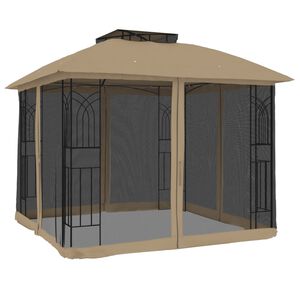 vidaXL Paviljong med dubbelt tak & n&auml;tv&auml;ggar taupe 2,94x2,94 m st&aring;l