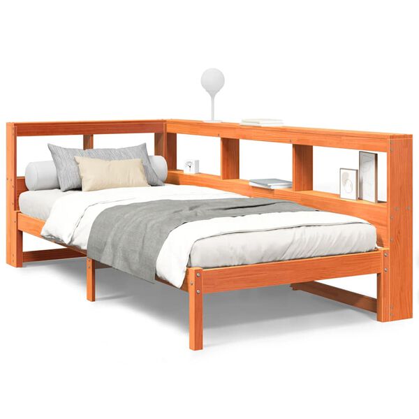 vidaXL Säng med bokhylla utan madrass vaxbrun 75x190 cm massiv furu