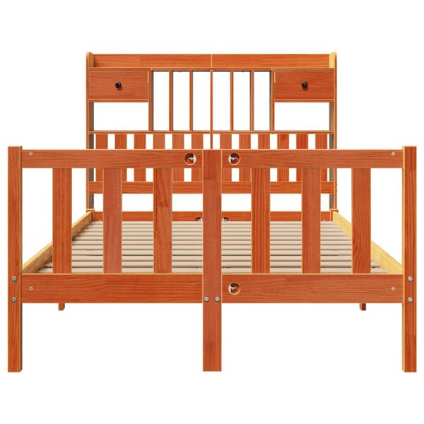 vidaXL S&auml;ng med bokhylla utan madrass vaxbrun 135x190cm massiv furu