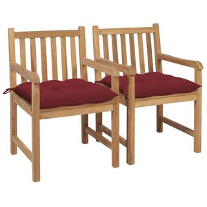 vidaXL Tr&auml;dg&aring;rdsstolar 2 st med vinr&ouml;da dynor massiv teak