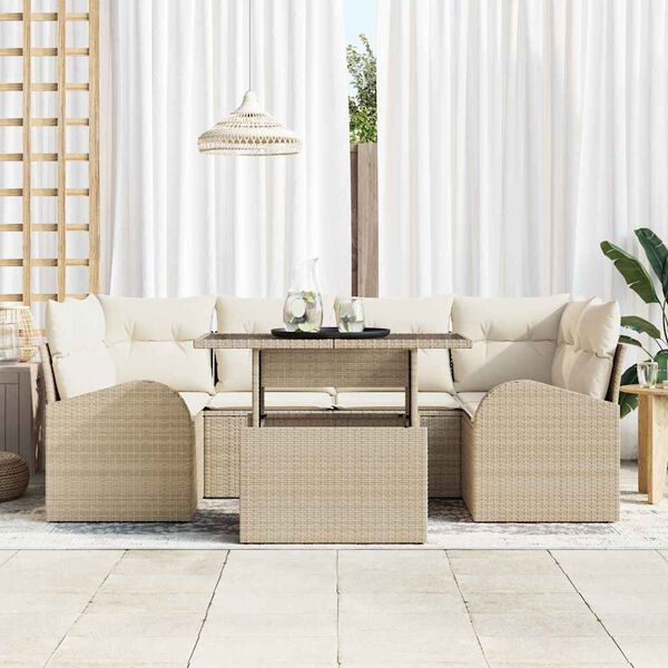 vidaXL Tr&auml;dg&aring;rdsoffset med kudde med lagring 7 pcs Beige Poly Rattan