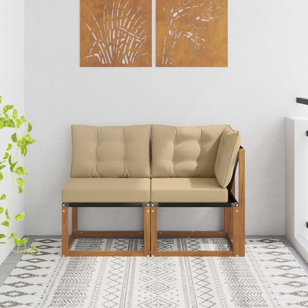 vidaXL Modulsoffa utomhus mitt och h&ouml;rn med kudde 2 Stycke Naturf&auml;rg