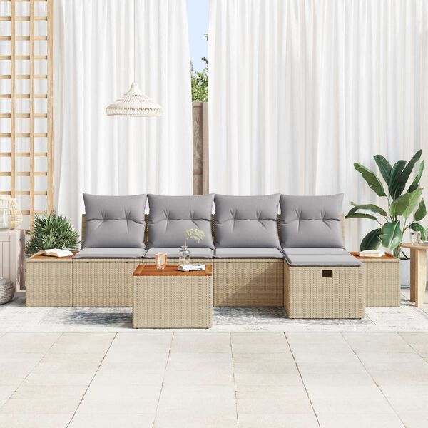 vidaXL Tr&auml;dg&aring;rdsoffset med kudde 6 pcs Beige Poly rattan