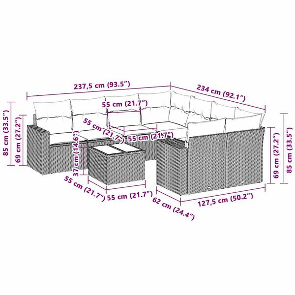 vidaXL Trädgårdssoffset med dynor 3 delar konstrotting ljusgrå