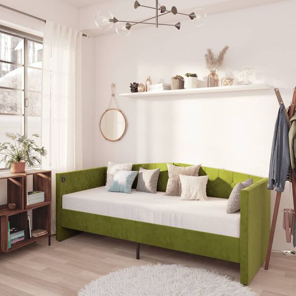 vidaXL Dagb&auml;dd med madrass USB ljusgr&ouml;n sammet 90x200 cm