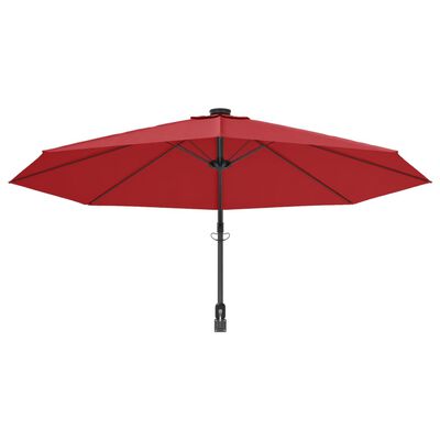 vidaXL Väggmonterat parasoll med LED-lampor klarröd 290 cm