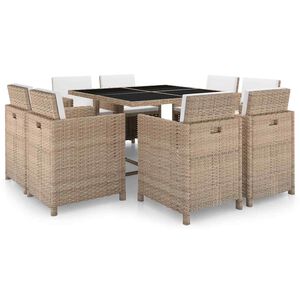 vidaXL Matgrupp f&ouml;r tr&auml;dg&aring;rden med dynor 9 delar konstrotting beige