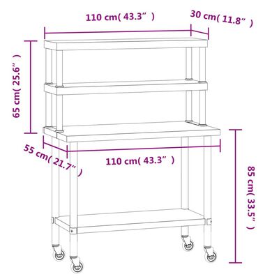 vidaXL Arbetsbord med överhylla 110x55x150 cm rostfritt stål