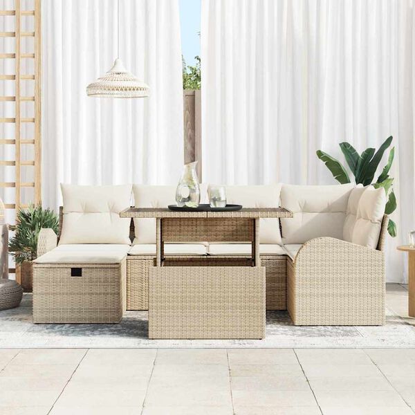 vidaXL Tr&auml;dg&aring;rdsoffset med kudde med lagring 7 pcs Beige Poly rattan