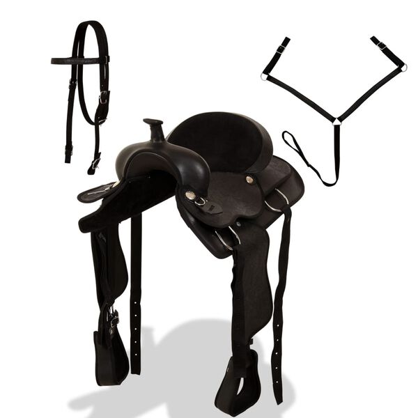 vidaXL Westernsadel träns&halsband äkta läder 15" svart