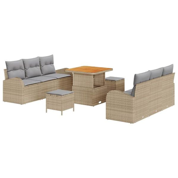 vidaXL Tr&auml;dg&aring;rdsoffset med kudde 9 pcs Beige Poly rattan