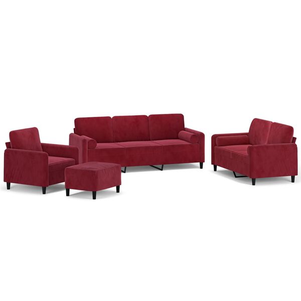 vidaXL Soffgrupp med prydnadskuddar & dynor 4 delar vinr&ouml;d sammet