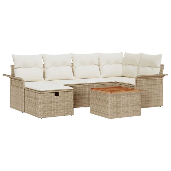 vidaXL Tr&auml;dg&aring;rdsoffset med kudde med lagring 7 pcs Beige Poly rattan