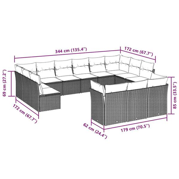 vidaXL Trädgårdssoffset med dynor 13 delar ljusgrå konstrotting