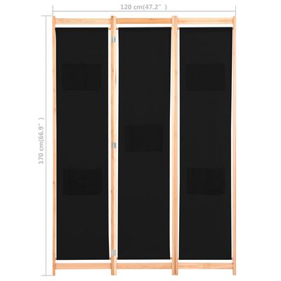 vidaXL Rumsavdelare 3 paneler 120x170x4 cm svart tyg