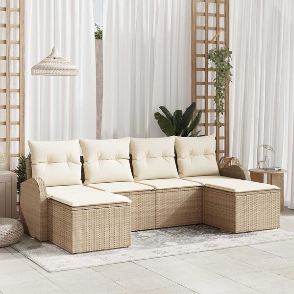 vidaXL Tr&auml;dg&aring;rdsoffset med kudde 6 pcs Beige Poly Rattan